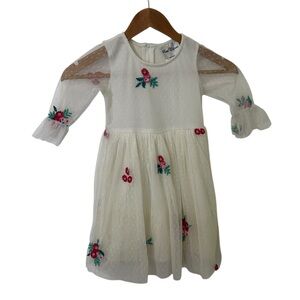 Rare Editions Cream Tulle Dress w Red Pink Green Floral Embroidery Girls Size 5